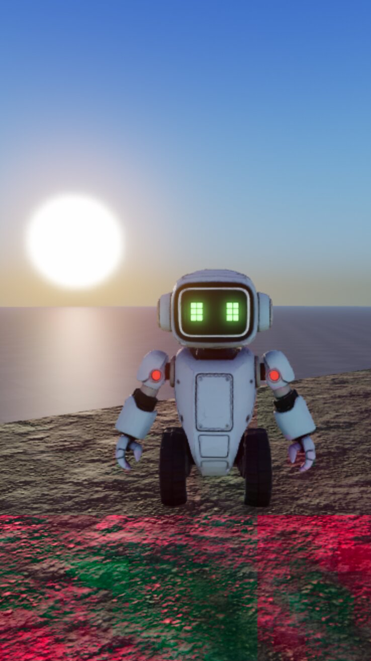 LS-1000 robot at sunset with glowing LED eyes